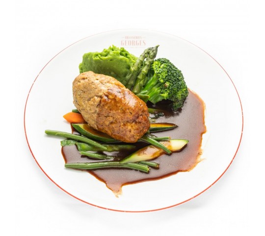 Pain de viande , Jus de veau vénitien, purée aux légumes