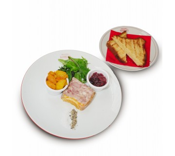 Terrine de canard à l'orange de chez Rougier, chutney pommes, abricots, pain brioché