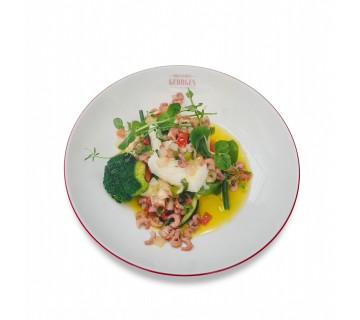 Dos de cabillaud, sauce Vierge et Crevettes grises, salade Pea, purée à l'huile d'olive